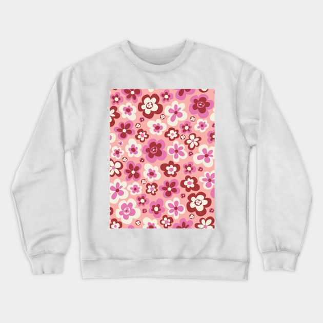 retro florals pattern, 70s groovy flowers, flower market, scandinavian florals, danish style, pink, red, burgundy, peach Crewneck Sweatshirt by blomastudios